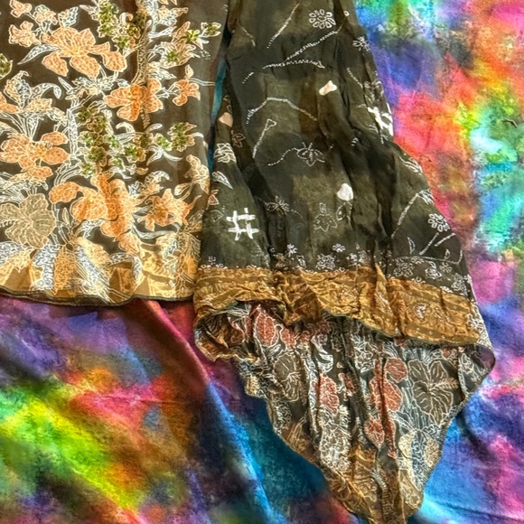 90s Y2K Rene Derhy Top Olive Green Floral Sequin Sheer Velvet Trim Hippie Boho - Picture 4 of 12